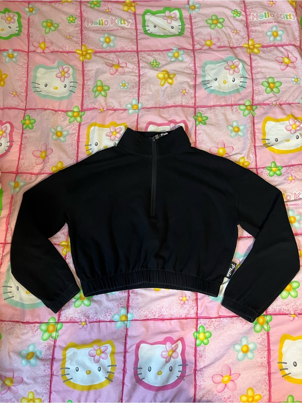 P'tula Black Cropped Half-Zip Crew Sweater